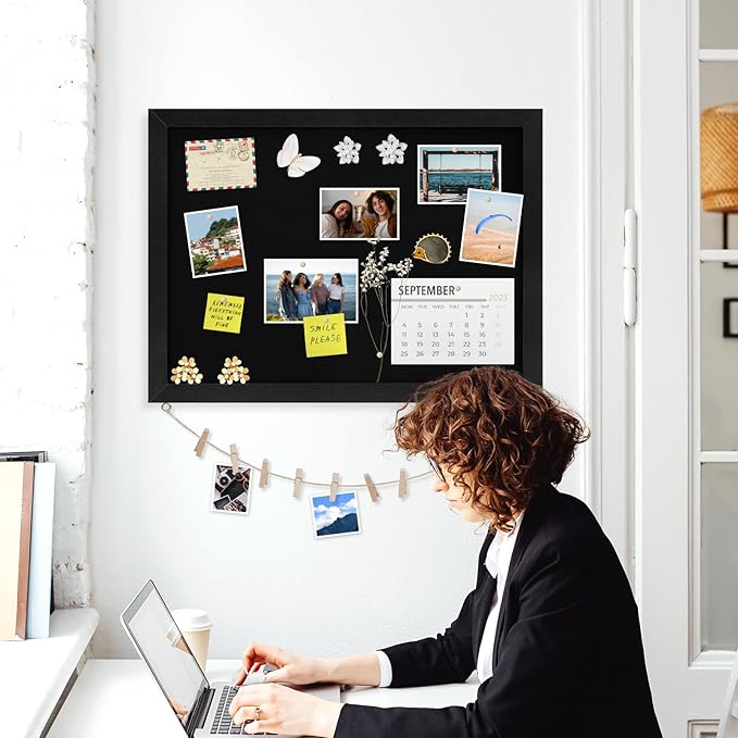 Double-Sided Black Cork Board with Linen, 30" x 20" Hanging Wood Framed Large Bulletin Board, Picture Display Vision Board Kit Corkboards for Wall Room School Office Decor, 20 Pushpins