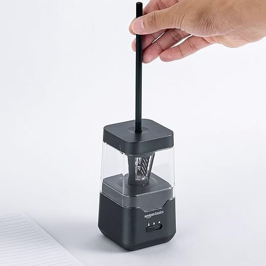 Amazon Basics Portable Electric Pencil Sharpener, Helical Blade, Auto Stop, Battery/USB Cord Operated, Black, 2.87 x 2.87 x 5.3 in