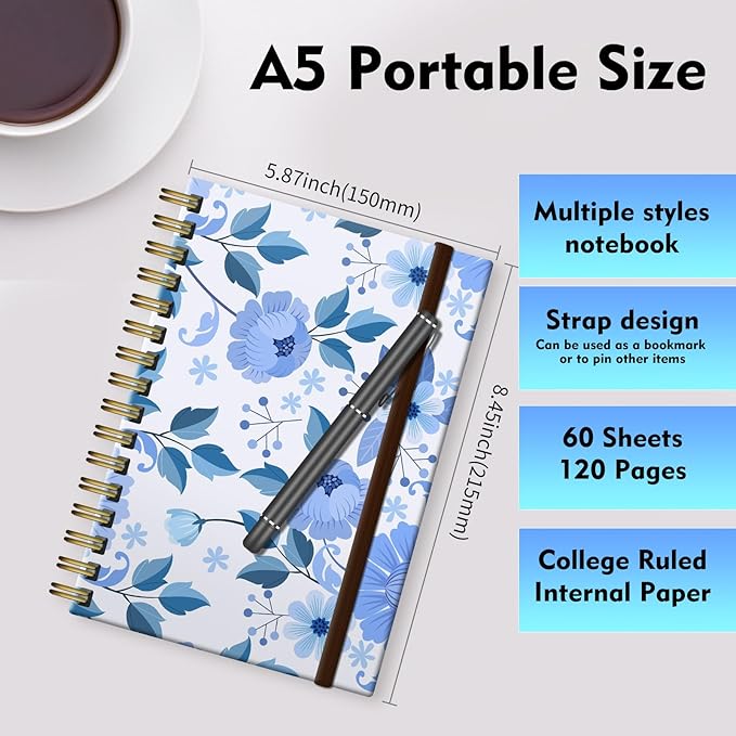 Spiral Journal Notebook, A5 Cute Notebooks for Women Men, College Ruled Hardcover Notebook for Work & Note Taking, 60 Pages Double-Wire Journals for Writing Cute Blue Flowers