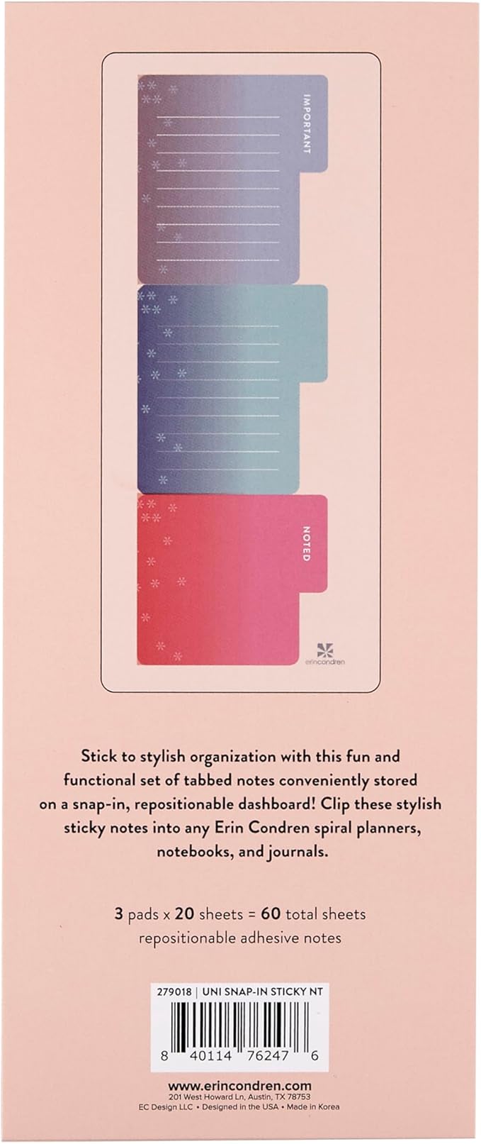 Erin Condren Universal Snap-in Tabbed Sticky Notes 3-Pack | 20 Sticky Notes Sheets, 3 Sticky Notepads Total | Decorate Your Book and Elevate Your Look with This Tabbed Sticky Notes 3-Pack