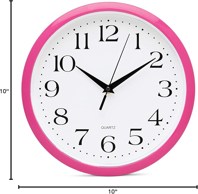 Bernhard Products Pink Wall Clock 10 Inch Silent Non Ticking Battery Operated Quality Quartz Round Easy to Read Home/Office/Kitchen/Nursery/Girl's Bedroom/Classroom/Kids Playroom/School Clock