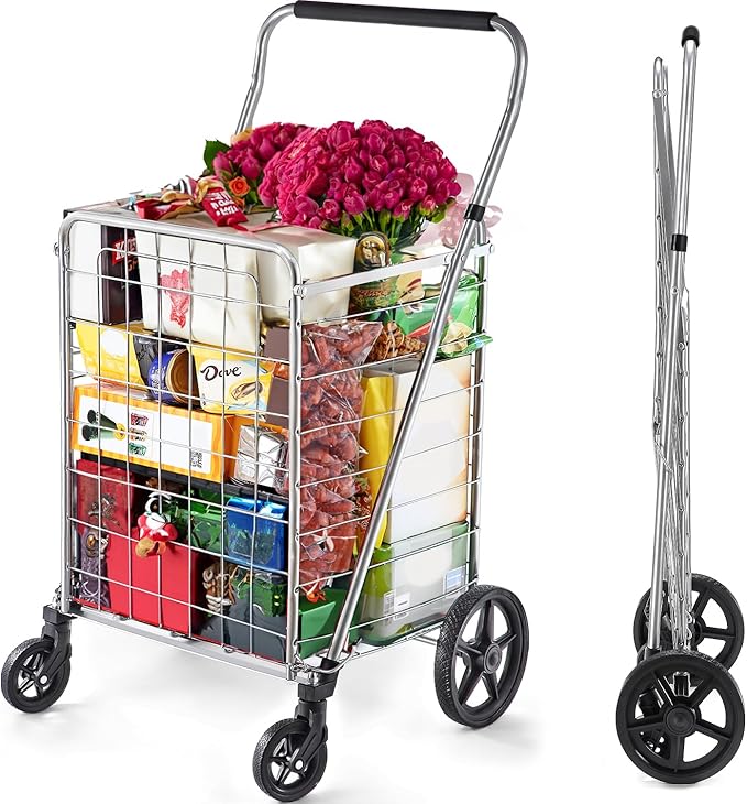 Wellmax Grocery Shopping Cart with Adjustable Handle and Swivel Wheels, Heavy Duty Foldable and Collapsible Utility Cart