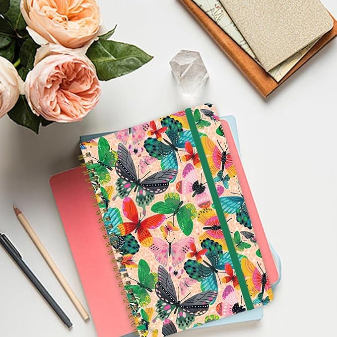 Spiral Notebook - A5 Spiral Notebooks, 8.3'' × 5.8'', 160 Pages, Aesthetic Journaling Notebooks for Women, College Lined Notebook with Elastic Closure, Back Pocket, for School Office, Butterfly Pink