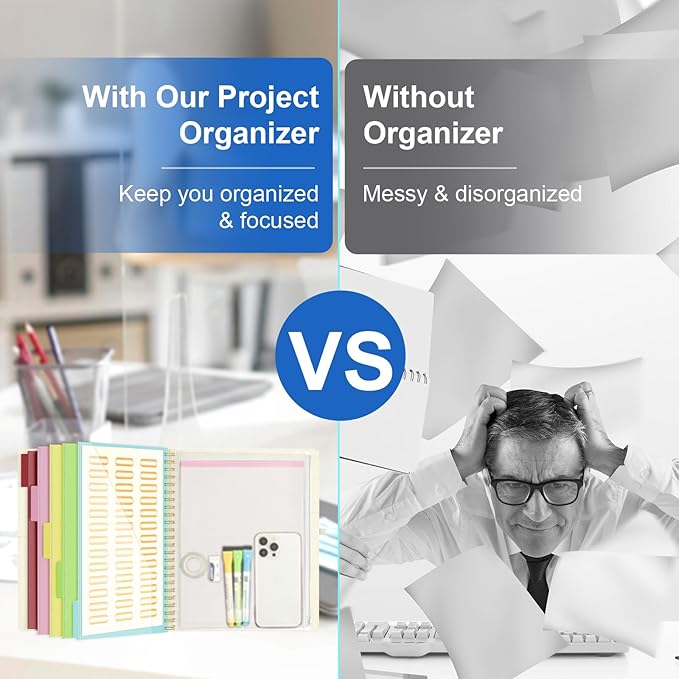 Ospelelf Foldable Spiral Clipboard Folio with Storage Zipper Pouch, 5 Plastic Folders with 10 Pockets, Refillable Lined Notepad (11" x 8.5"), Linen Hardcover Project Organizer (Beige)