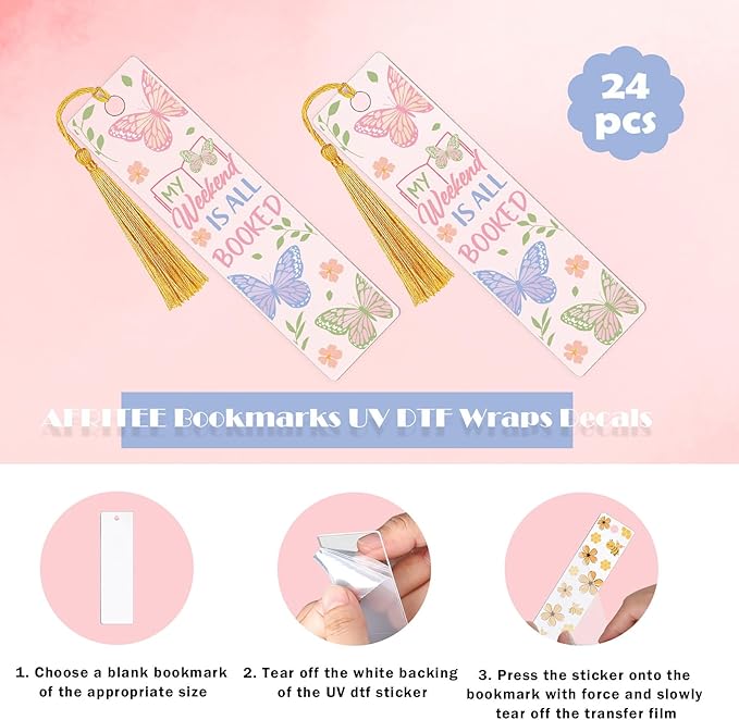 AFRITEE UV DTF Bookmark Stickers - 24 Pcs Flowers Theme Sunflower Uvdtf Decals Stickers for Acrylic Blank Bookmark, Butterfly Rub on Transfer Wraps for Book Lover DIY Blank Bookmarks(Only Stickers)
