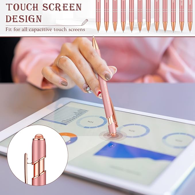 Zonon 12 Pieces Inspirational Pens Bulk Easter Basket Stuffers Motivational Quotes Ballpoint Pens with Stylus Tip Inspirational Gifts for School Office Teachers(Rose Gold,Motivational Style)