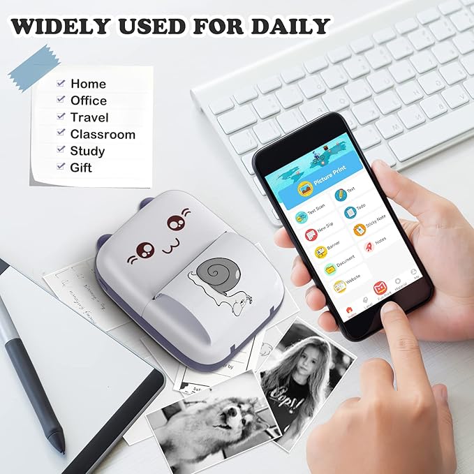 Mini Printer, Mini Printer with Stickers, Portable Inkless Thermal Printer with 10 Rolls Paper, Study Printer for Notes, Journal, DIY, Kids Gift, Compatible with Android & iOS