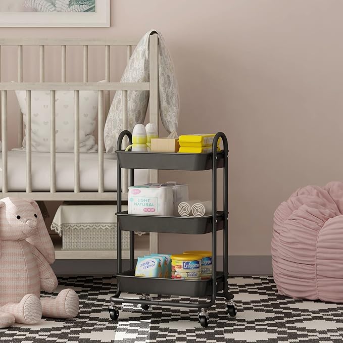 3-Tier Black Utility Rolling Cart,Kitchen Storage Carts with Wheels,Black Metal Rolling Cart for Office,Home,Kitchen,Garden๏ผ18"x11.4"x31.2"๏ผ