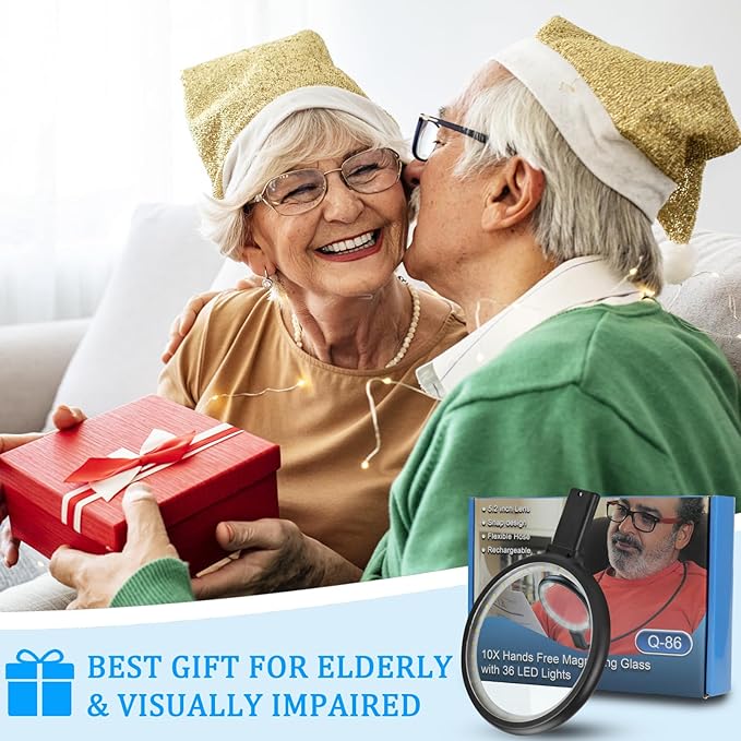 10X Rechargeable Magnifier with Light Hands Free, 5.2" Large Magnifying Glass with 36 LED Light Flexible Gooseneck for Close Work, Seniors (Black)