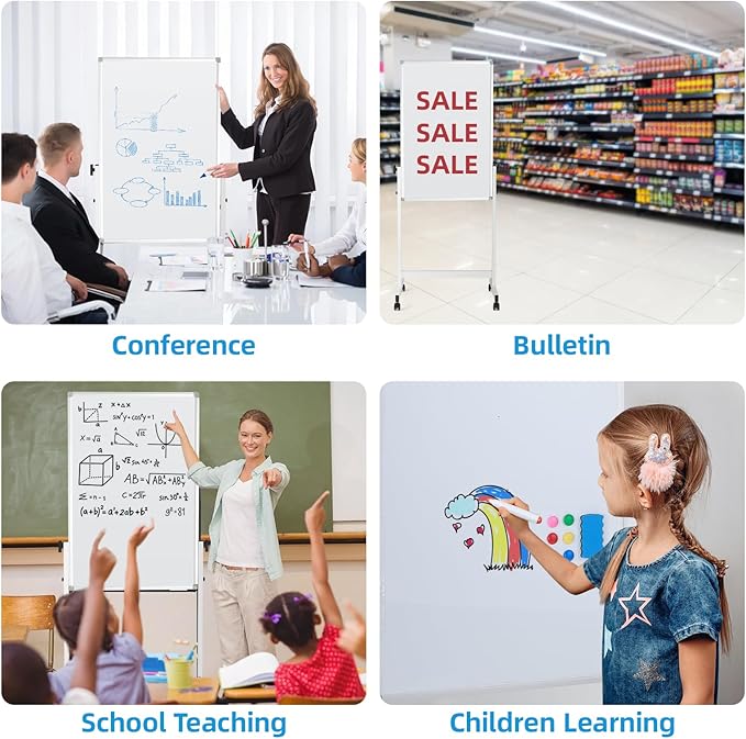 Rolling Mobile Whiteboard, 40 x 28 inches Double Sided Magnetic Whiteboard Easel on Wheels, Height Adjust Protable Dry Erase Board with Stand for Office, Home, Classroom, White