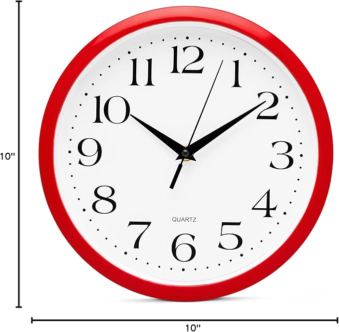 Bernhard Products Red Wall Clock Silent Non Ticking - 12 Inch Quality Quartz Battery Operated Round Easy to Read