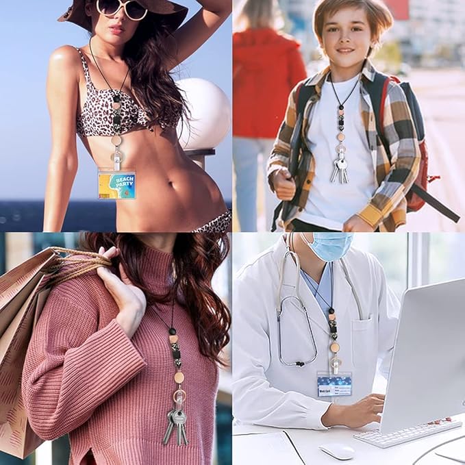 Retractable Lanyards for ID Badges and Keys, Cute Breakaway Teacher Lanyard with Badge Holders and Reels, Silicone Beaded Lanyard for Women, Nurses, Office with 2 Waterproof Card Holders