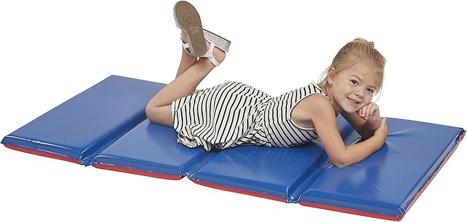 ECR4Kids Premium Folding Rest Mat, 4-Section, 2in, Sleeping Pad, Blue/Red, 5-Pack