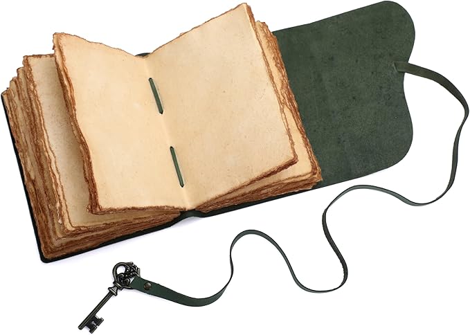 Fausta Vintage Handcrafted Leather Journal with Key for Writing, 240 Pages 7 x 5 inches, Deckled Cotton Paper Notebook/Diary for Men and Women 150 GSM Drawing/Sketchbook, Hunter Green
