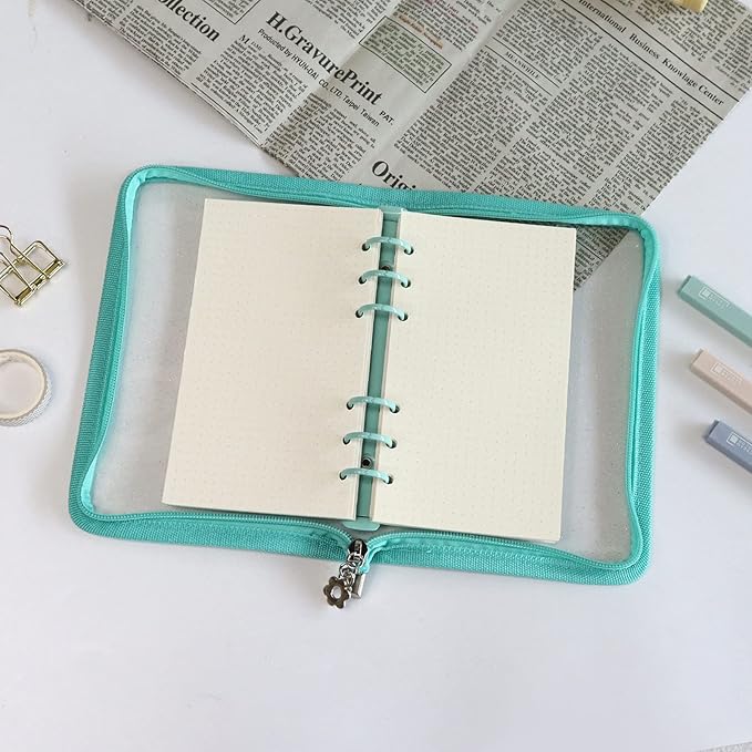 Multibey A5 Binder Cover Clear Soft PVC 6-Ring Binder Budget Cash Evelopes System with Zipper Planner Organizer Refillable Notebook Journal Binder (Cyan, A6)