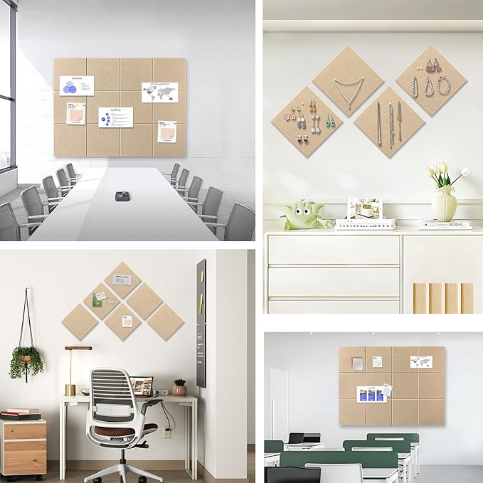 Large Cork Board for Office Wall Decor,48"x36"-12 Pack Felt Wall Tiles with 35 Push Pins, Thicker 0.47in, Felt Bulletin Board Pin Board Cork Boards for Walls - Tan