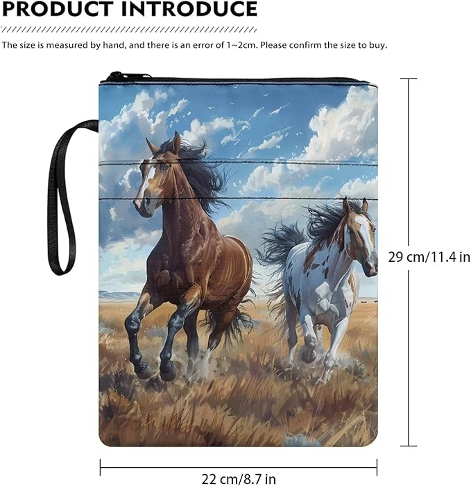 COEQINE Watercolorful Horses Book Cover Zippered Book Cover with Pen Holder Portable Book Pouch Book Lovers Hardcover Book Dust Cover Case Washable