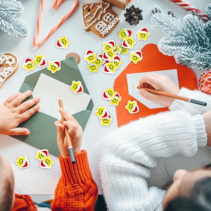 Christmas Winter Pencil Erasers - 60pcs Xmas Mini Erasers bulks Holiday Rubber Smiley Face Winter Christmas Party Favors School Rewards Cute Star Cartoon Rubber Eraser New Year holidays Gift