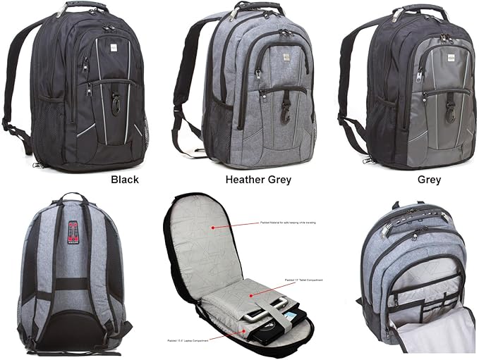 Dejuno Commuter Backpack Checkpoint-Friendly Laptop Pocket, Heather Grey, 15.6-Inch