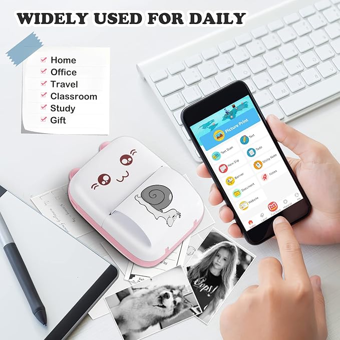 Mini Pocket Printers, Portable Thermal Printer, Sticker Printer with 10 Rolls Paper, Mini Printer for Study Note,Journal, Memo, Label Printer Compatible with Android & iOS
