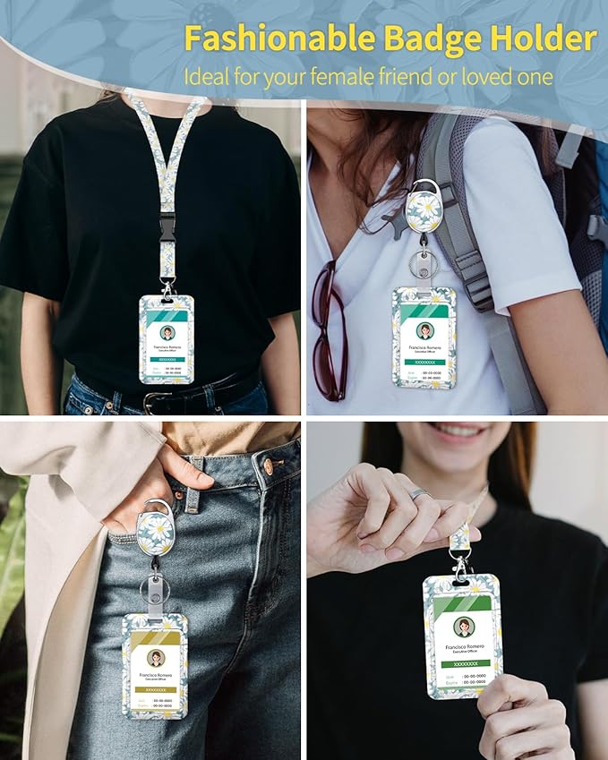 Uniclife Floral Sliding Badge Holder Daisy Flower Plastic Case with Retractable Badge Reel Carabiner Clip & Detachable Lanyard Strap Fashionable Vertical Card Protector for Women Nurse Teacher Student