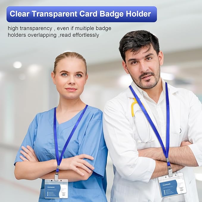 100 Pcs Lanyards for ID Badges and 100 Pcs Clear Name Tag Holders Reusable Lanyard with Clip Plastic ID Card Badge Holder Name Badges for Adults Kids Business School Office Supplies (Blue)