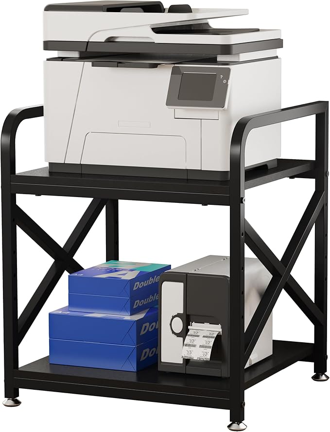 Ollieroo 2 Tier Printer Stand with Storage Shelf, Printer Table with Height Adjustable Top Shelf, Under Desk Storage Printer Cart for Paper Shredder Scanner, 3D Printer Stand for Home Office(Black)