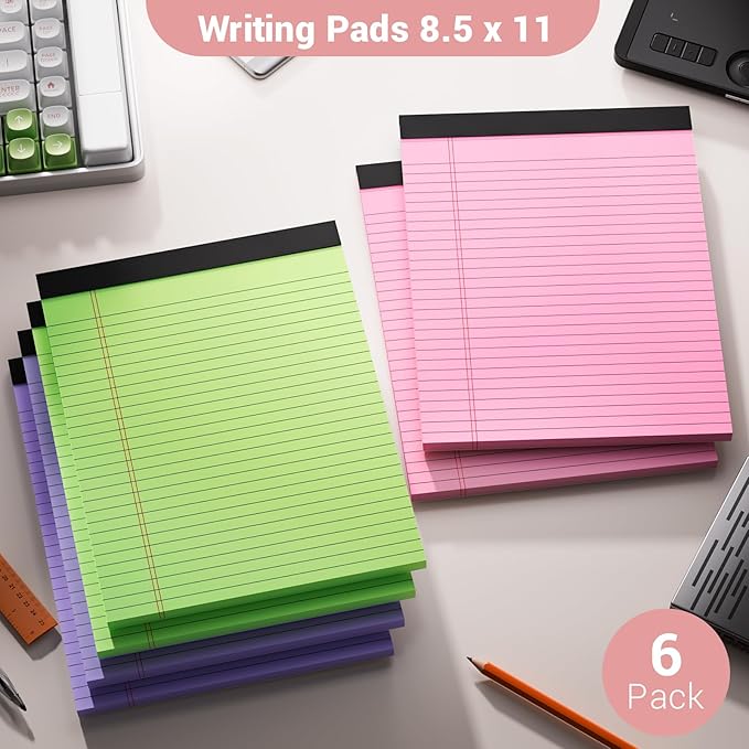 Legal Pads 8.5 x 11 Inch, 6 Pack, Colored Notebook Paper, 8.5 x 11 Colored Legal Pad, Micro Perforated Lined Paper Notepads 8.5 x 11, 30 sheets, Colored Paper Writing Pads for Office Home School