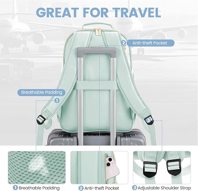 LOVEVOOK Leather Backpack for Women,17.3 inch Leather Laptop Backpack Women Computer Backpack Laptop Bag,Stylish Quilted Travel Backpack Purse Work College Teacher Backpack with USB Port,Powder Blue