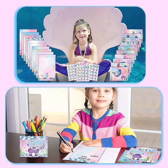 TaoBary 160 Packs Stationery Paper Set (50 Double Sided Stationery Writing Papers 50 Matching Envelopes) 60 Round Dot Sticker, 10 Design(Mermaid,5.5 x 8.25 Inch)