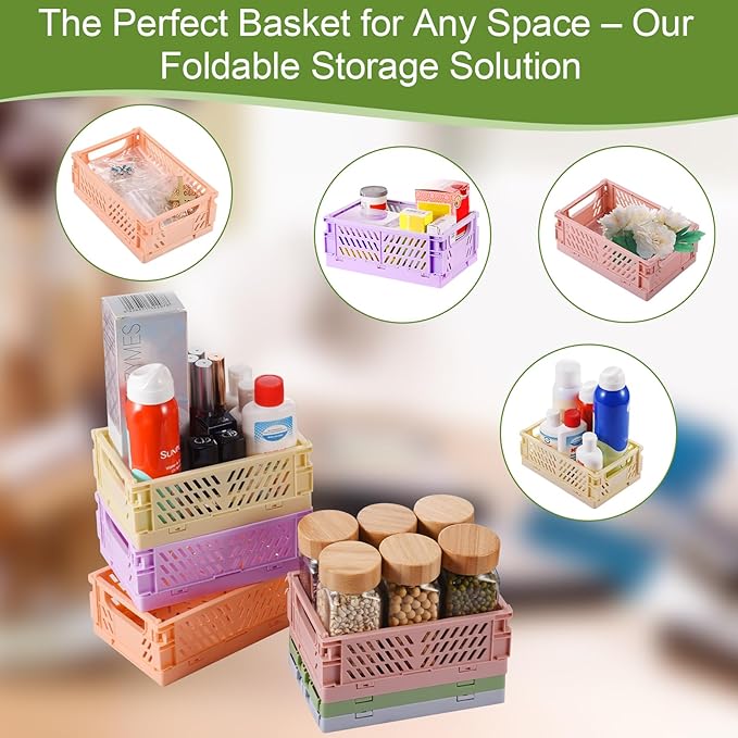 6-Pack Small Pastel Plastic Storage Baskets, Collapsible Crates for Organizing, Space-Saving Mini Bins for Classroom, Kitchen, Office, Bedroom (5.8" x 3.8" x 2.2")