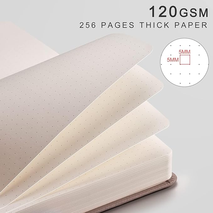 EMSHOI Dotted Notebook - 256 Pages A5 Dot Grid Journal Bullet Notebook with 120gsm Thick Dotted Paper,16 Perforated Pages, Hardcover Leather, Pen Holder, Inner Pocket, 5.75'' × 8.38''-Khaki