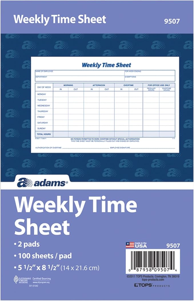 Adams Weekly Time Sheet, 1-Part, 5.5 x 8.5 Inches, Blue/White, 100 Sheets Per Pad, 2 Pack (9507ABF)