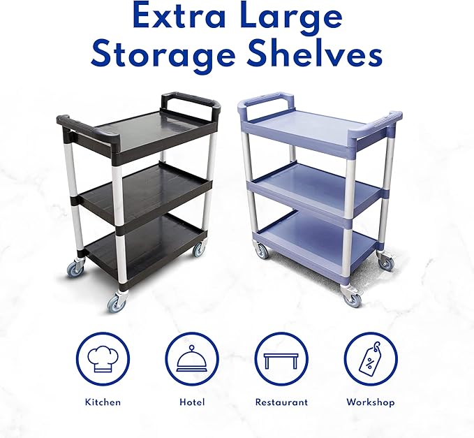 New Star Foodservice 54545 250-Pound Plastic 3-Tier Utility Bus Cart with Locking Casters, 32" x 16" x 38", Gray