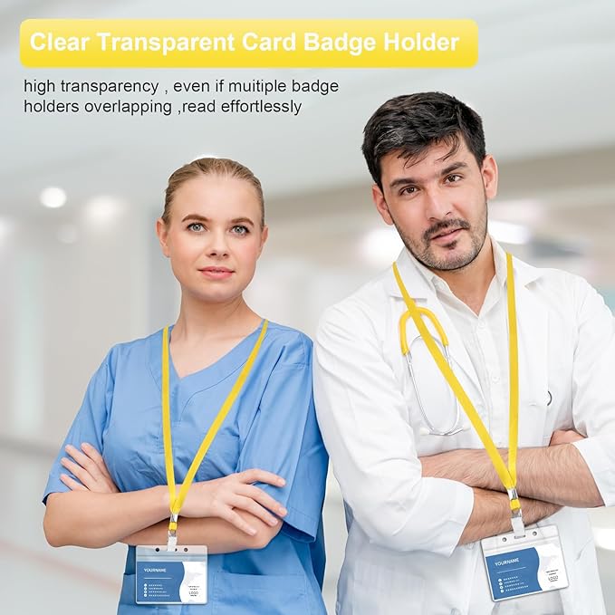 100 Pcs Lanyards for ID Badges and 100 Pcs Clear Name Tag Holders Reusable Lanyard with Clip Plastic ID Card Badge Holder Name Badges for Adults Kids Business School Office Supplies (Yellow)