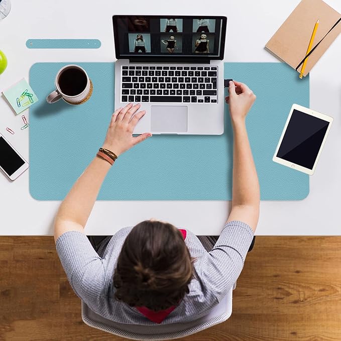 Boutilon Leather Desk Pad 35"x 17" Non-Slip Mouse Pad,Office Desk Mat,Waterprooft PU Leather Desk Blotter,Desk Pad Protector,Desk Writing Pad for Home Office Decor (L-Light Blue,35"x 17")