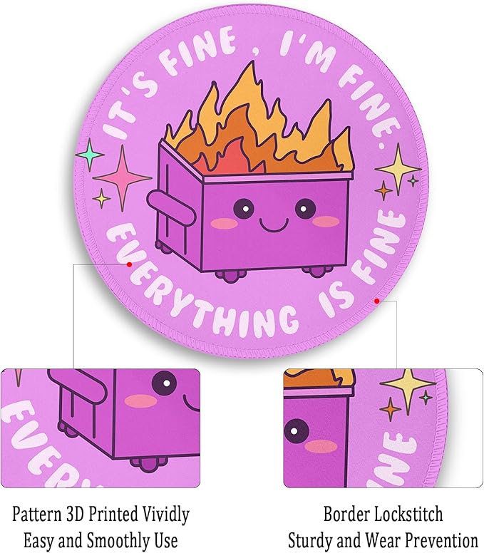 Gctriki Dumpster on Fire Mouse Pad, Cute Round Mouse Pads for Desk, Funny Purple Mousepad for Computer Laptop Gaming, Stitched Edge Non-Slip Rubber Base, Cute Office Desk Accessories Decor for Women