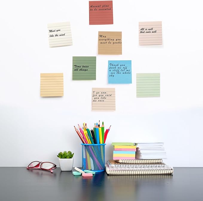 24 Pack Lined Sticky Notes 3x3 in Post Ruled Stickies Super Sticking Power Memo Pads, Vintage Colors Sticky Notes with Lines Self-Stick Note Pads