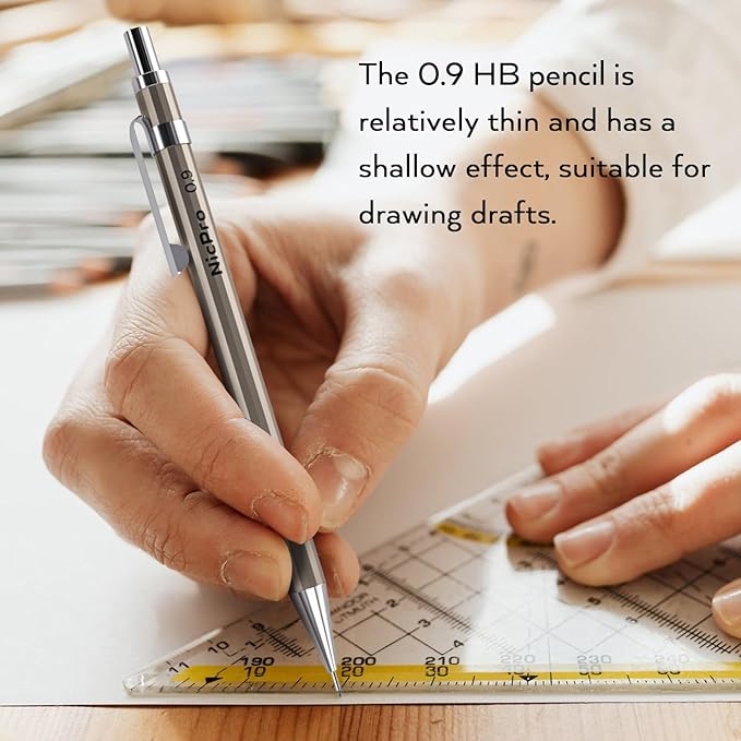 Nicpro 2 PCS 0.9 mm Metal Mechanical Pencils Set, Drafting Pencil for Artist Writing, Sketching, Drawing, with 4 Tubes HB Lead Refill & Erasers, Erasers Refills & Storage Case