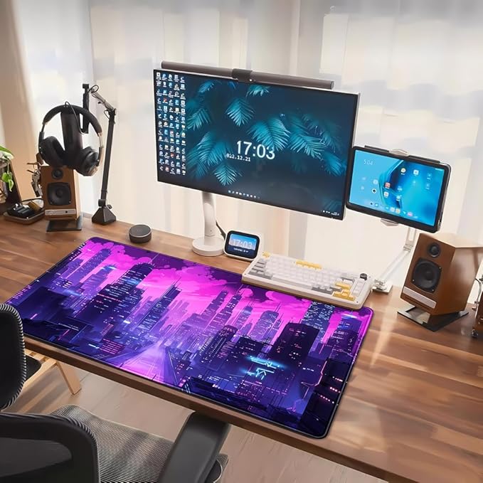 Cyberpunk Neon Purple City Gaming Desk Mouse Pad XL Pink Extended Mouse Pad Gaming, Keyboard Pc Office Laptop Mousepad Large, 31.5x15.8 in with Stitched Eges Non-Slip Base Mouse Pads