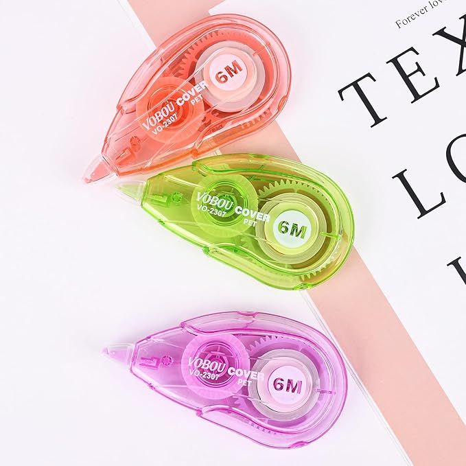 White Correction Tape, Easy To Use Applicator for Instant Corrections Wrong Writing At Any Time, For school, Office (red, purple, green, 12pack, 6M/256" x 0.2")