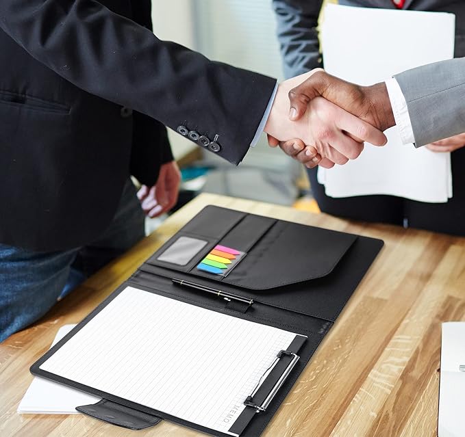 A4 Padfolio Clipboard Folder Portfolio,PU Leather Interview Resume Folder with Magnetic,Document Organizer,Business Card Holder,Letter-Sized Notepad Legal Pad Holder for Men Women School Office,Black