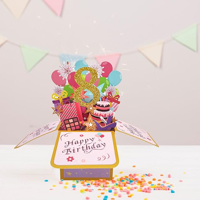 Asmallgf Happy 8th Birthday Popup Card for Daughter Niece, Sweet Birthday Gift for 8 Years Old Girl Boy, Eight Birthday Decorations for Him Her