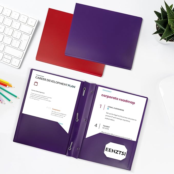 60-Pack Plastic Folders with Pockets and Prongs,2-Pocket Folders with 3 Fasteners, Poly Folders Holds 8-1/2" x 11" Paper for School/Office/Home, Purple