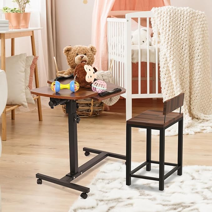 Multifunctional Height Adjustable Table with Wheels | Ultimate Single Workstation, Study Desk, Bedside Table, Recliner Tray Table, Presentation Cart and Laptop Stand | Tilting Tops (Walnut Black)