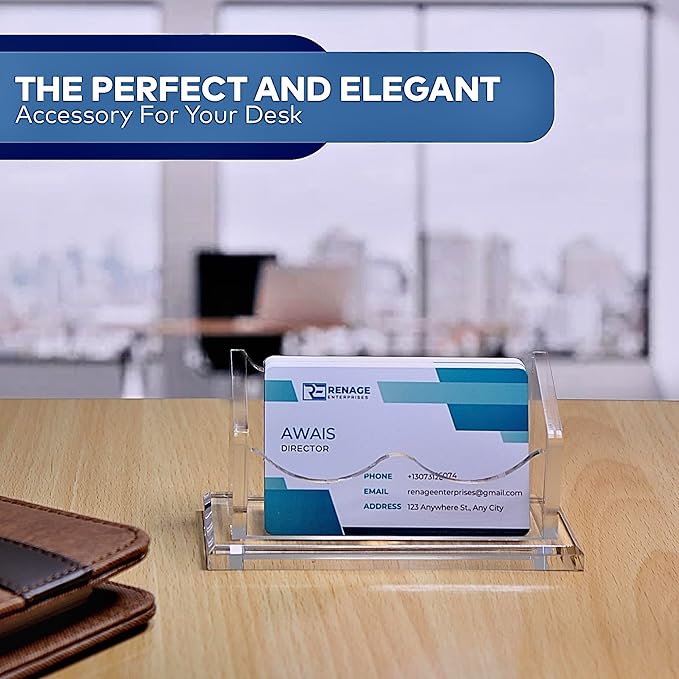 RENAGE Business Card Holder for Desk, Clear Acrylic, Horizontal 1- Slot with Thicker 8mm Base, Office Desk Organizer, Card Organizer, Desk Accessory