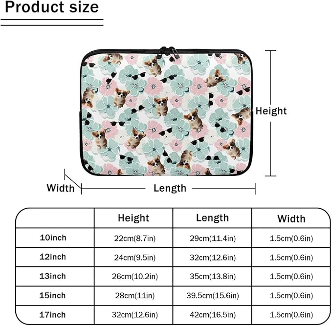 Corgi Dog Printed Computer Bags for Laptops for Women Men, Shockproof 10 Inch Laptop Case Bag Floral Print Messenger Bag with Zipper, Laptop Case Computer Carrying Cover Easy to Carry