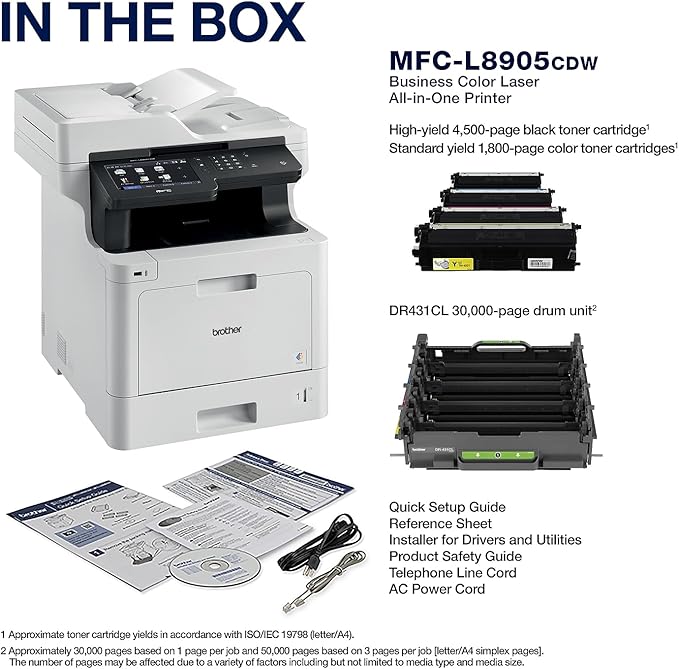Brother MFC‐L8905CDW Business Color Laser All‐in‐One Printer, 7” Touchscreen Display, Duplex Print/Scan, Wireless, White