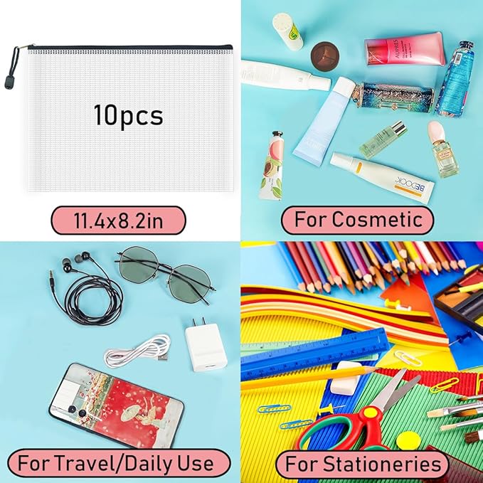 AUSTARK 10 Pcs Zipper File Bags, Waterproof Plastic Mesh Pouch for Office School, Board Game Storage Bags (B5 Size 11.4''x8.2'', White and Black)