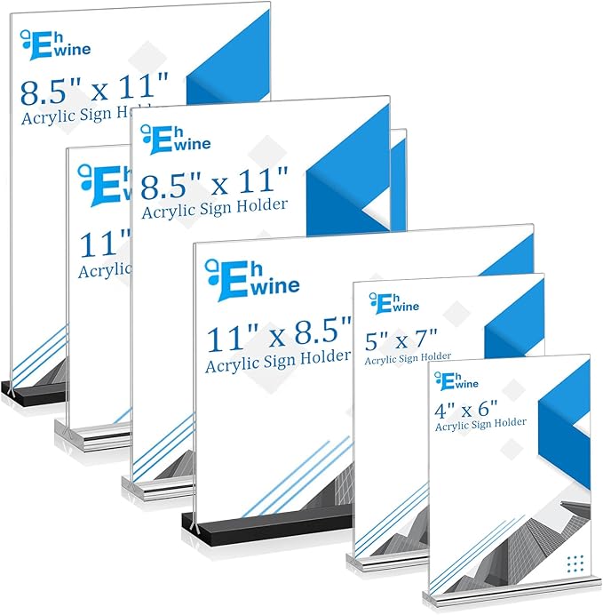 EHWINE 6 Pack Acrylic Sign Holder 8.5 x 11 Horizontal, Double-Sided Stand up Table Top Sign Holders, Clear Acrylic Picture Frame Menu Flyer Paper Holder Display Stand for Office Business Store Wedding Party